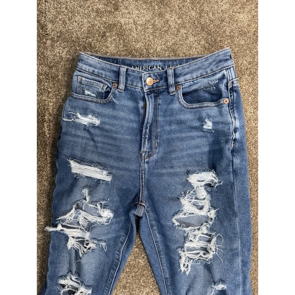American Eagle Mom Jeans Women's 4R Blue High-Rise Pants - Destroyed Stretch - Picture 2 of 10